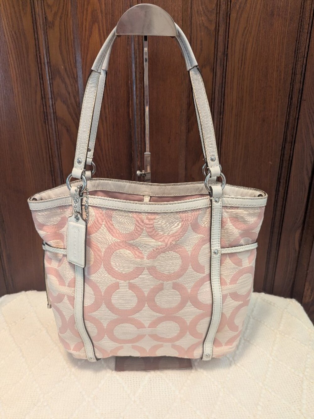 Coach Audrey Op Art Shantung Signature Pink & White Tote Crossbody 19572